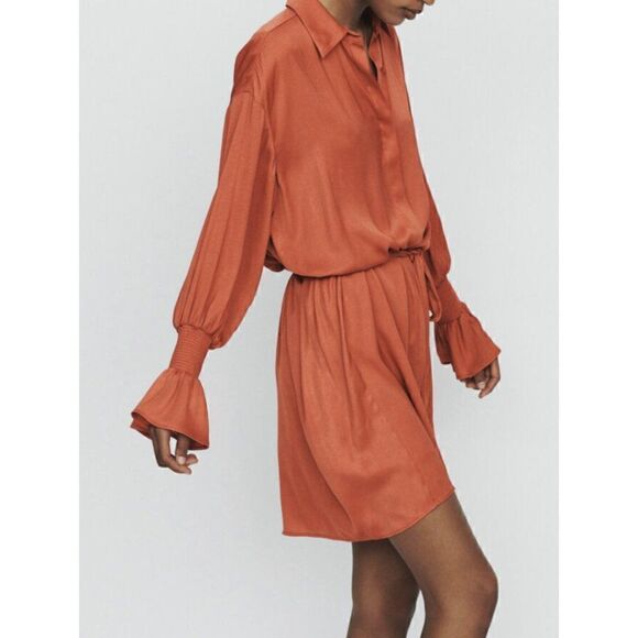 Maje Shirt dress with smocks in Terracotta with lace Size L NWT - Picture 3 of 15